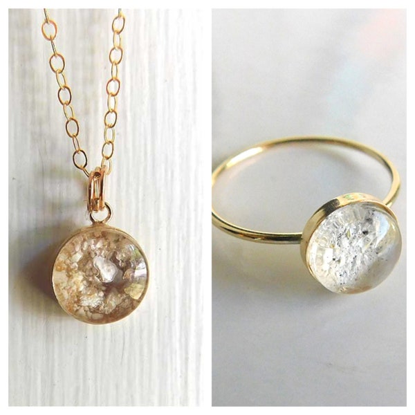 2PC SET: 14k Simply Gold Filled/Rose Gold Filled Ash Urn Necklace & Ring - Cremation Jewelry Ash Jewelry - Raw stone