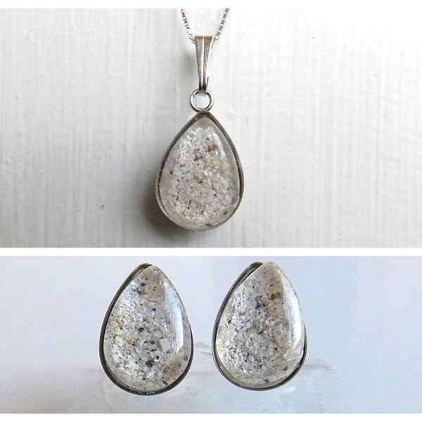 2PC SET: Tear Drop Silver Cremation Necklace & Stud Earrings - Cremation Jewelry - Ash Necklace - Ash Jewelry - Urn Necklace