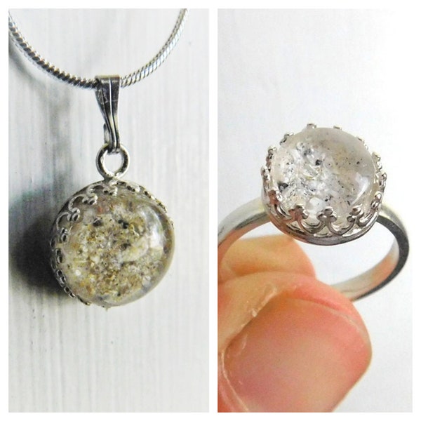 2PC SET: Sterling Silver Cremation Necklace & Solid Ring - Cremation Jewelry - Ash Necklace Urn - Round Crown