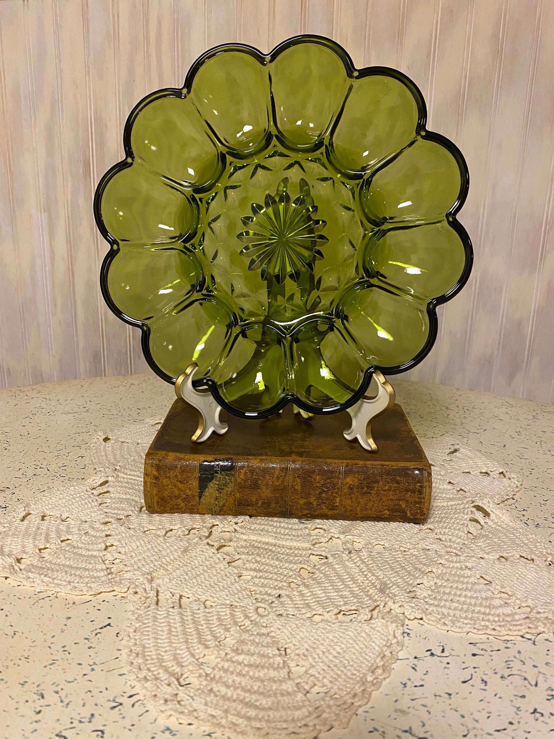 Vintage Egg Plate Green Color Pressed Glass Plate Deviled Etsy