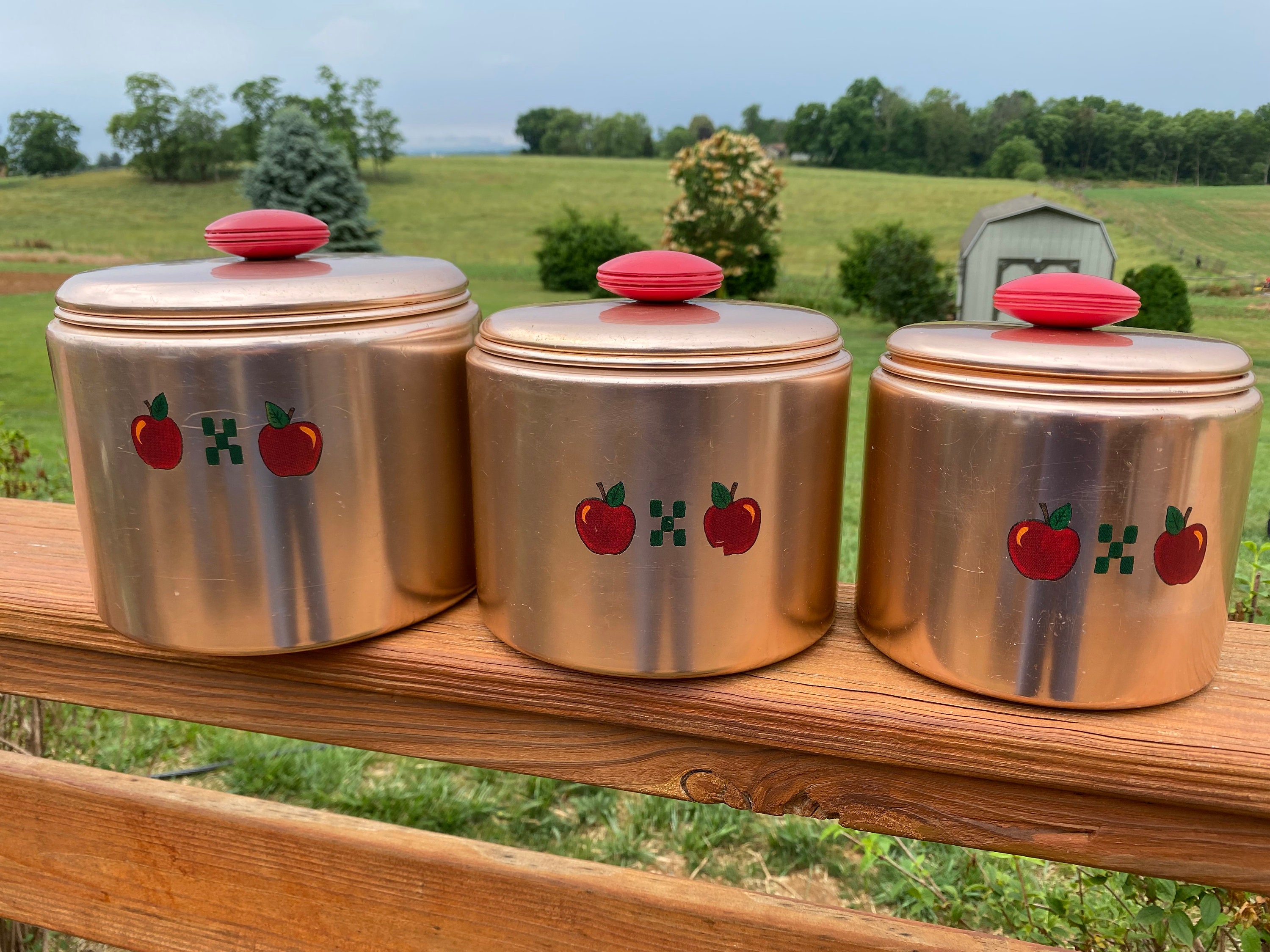 Vintage Mirro Aluminum Canisters Vintage Kitchen Kitchen Storage MCM Apple Motif Lidded Canister With Red Finial Set of 3 Rose Gold