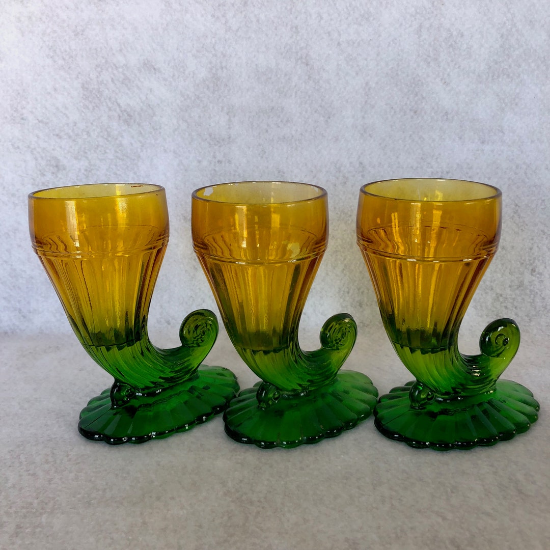 Vintage Cornucopia Vase Depression Glass Green Gold Vase Etsy