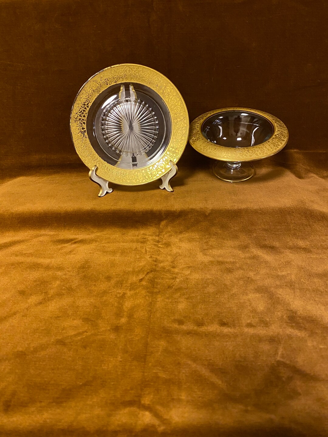 Vintage Glass Serving Set Gold Florentine Glass Bowl With Etsy