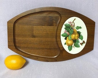 Vintage Walnut Serving Tray, Ozark Walnut, Cheese and Cracker Tray, Tray with Ceramic Trivet, Cocktail Tidbit Tray, Retro Kitchen