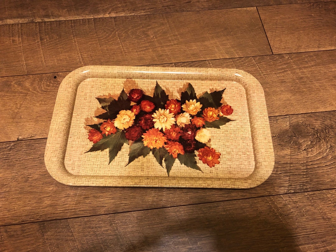 Vintage Serving Trays, Basket Weave, Floral Design, Decorative Metal
