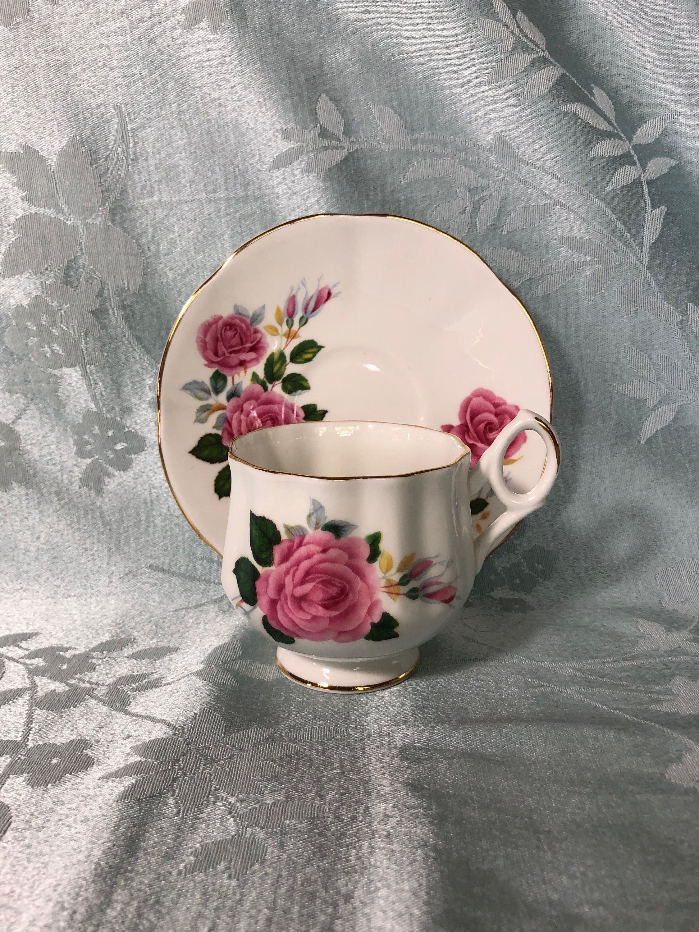 Vintage Footed Cup & Saucer Set Gold Trim Chic Floral Tea Party Made in England Royal Dover RDO1 Bone China Rose Pattern