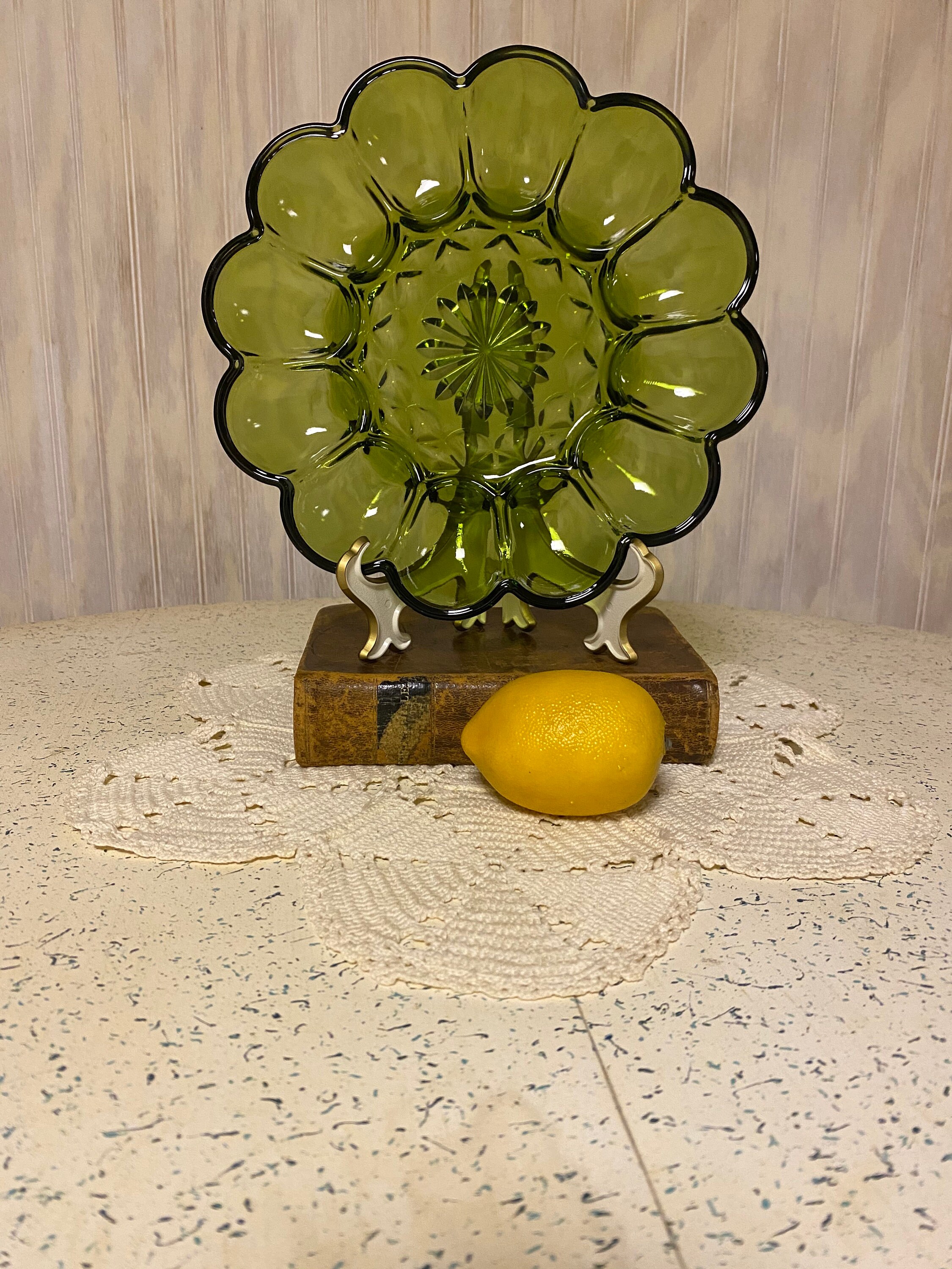 Vintage Egg Plate Green Color Pressed Glass Plate Deviled Etsy