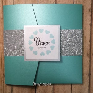 Aqua and Silver with Hearts Square Pocketfold