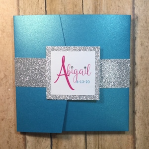 Teal with Silver Glitter Bat Mitzvah Invitation