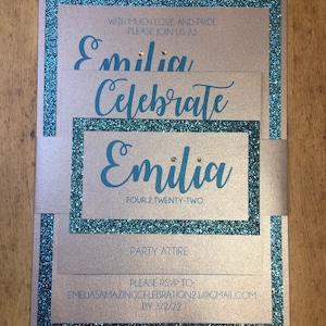 Teal Glitter Layered Invitation with Bellyband Wrap