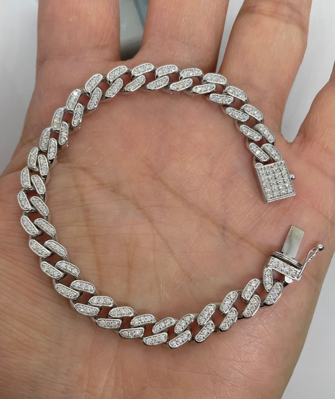 Thin Diamond Cuban Anklet Diamond Link Bracelet, 14K White Gold - Main Image