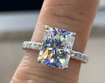 Radiant Moissanite Ring, 14K White Gold Diamond Double Halo, Anniversary Engagement Ring