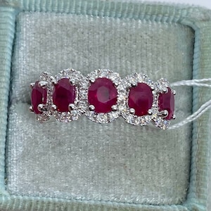 Exquisite Ruby Ring, Ruby and Diamond Wedding Band, 18K White Gold Ruby Diamond Ring, Anniversary Band