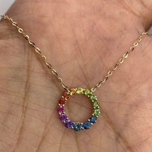 Rainbow circle necklace, Rainbow sapphire circle pendant, 14K Yellow gold rainbow circle necklace