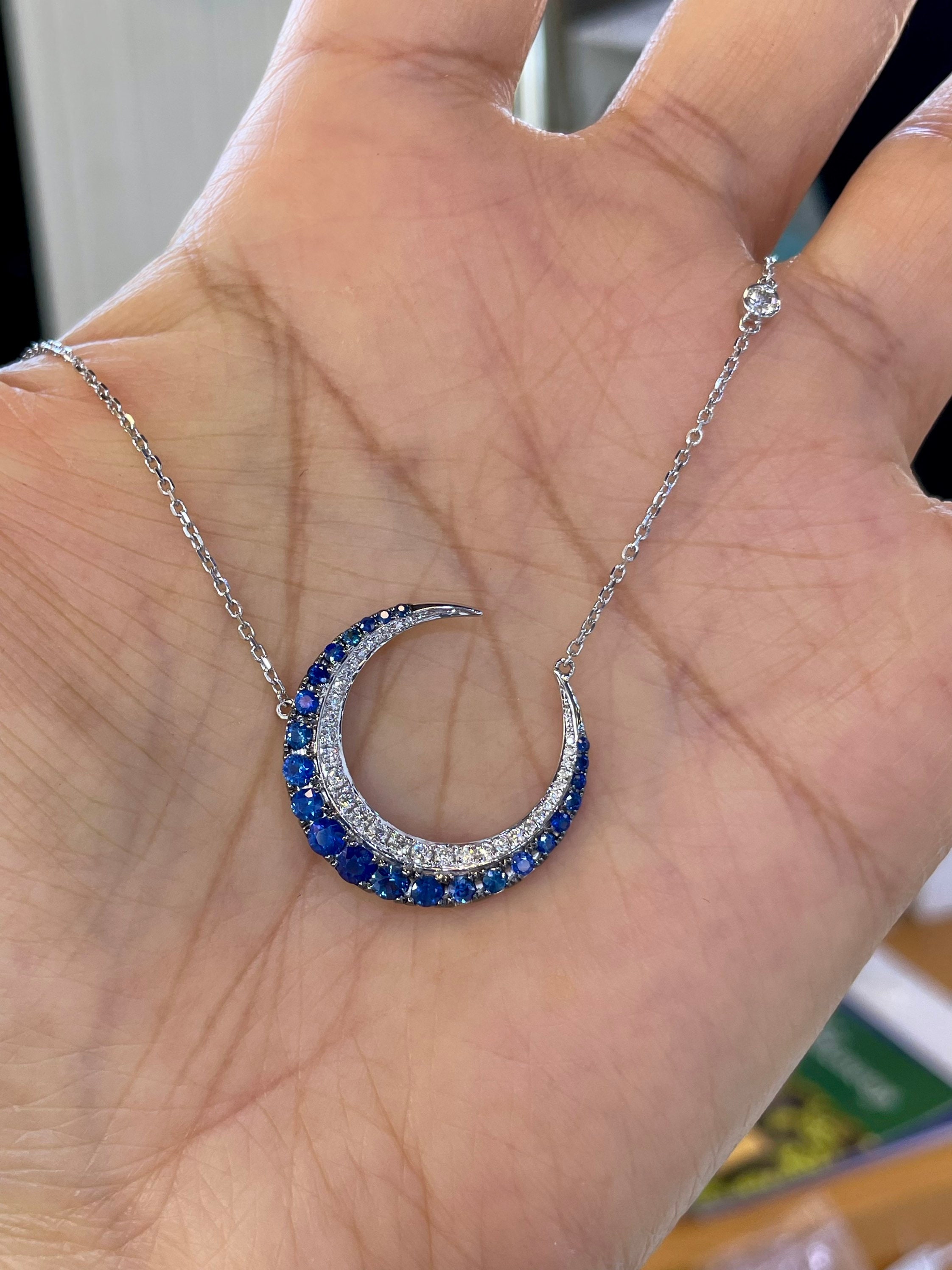 Diamond Moon Necklace, Sapphire Moon Necklace, Crescent Moon