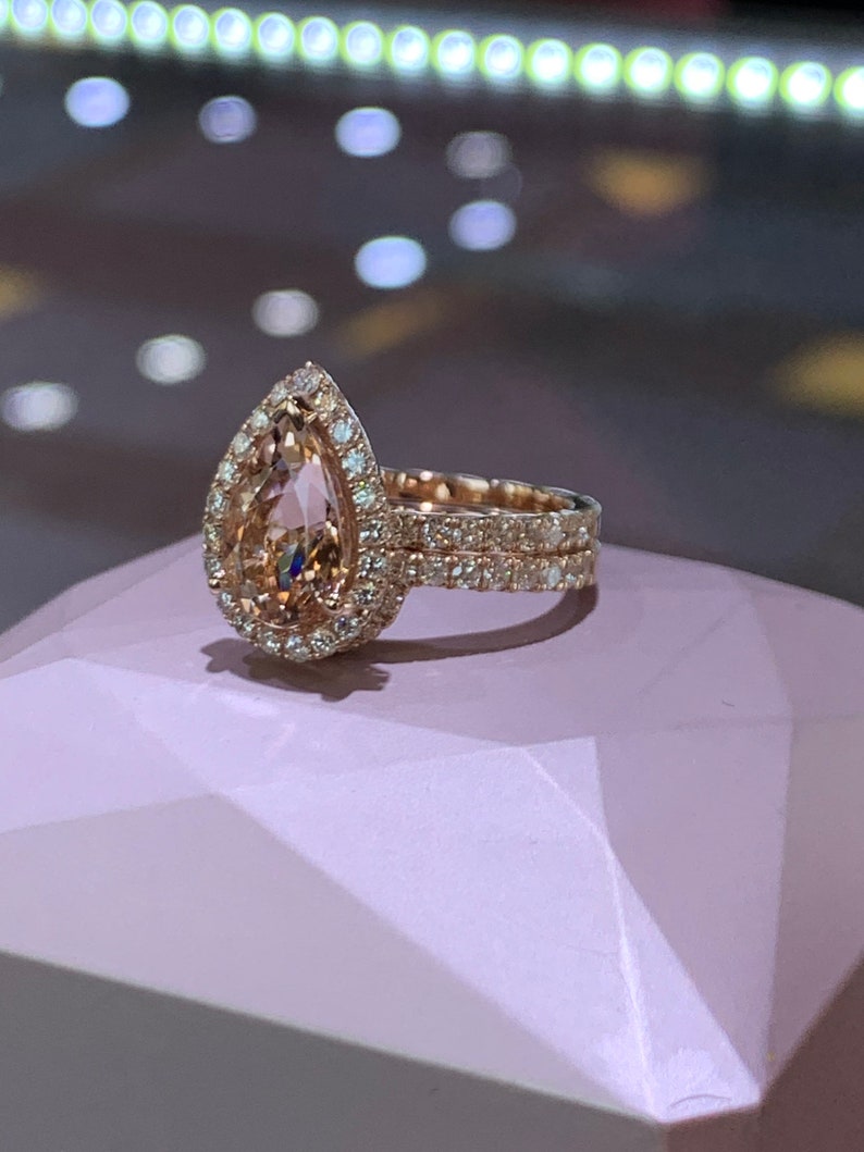 Pear Morganite Ring Set, 14K Rose Gold, Lab Diamond Halo - Etsy