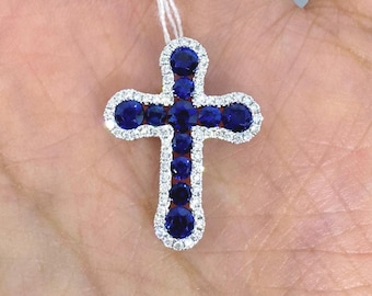 Sapphire and Diamond Cross Pendant, Sapphire Diamond Cross Necklace, 18K White Gold Unisex Sapphire Cross Pendant