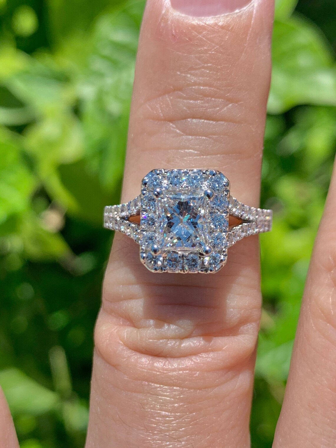 Radiant Cut Halo Diamond Engagement Ring, 18k White Gold Split Shank - Etsy