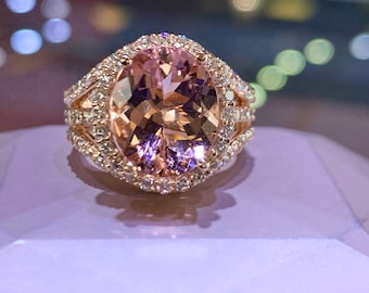 Oval Morganite Diamond Halo Ring, 14K Rose Gold Morganite Engagement Ring