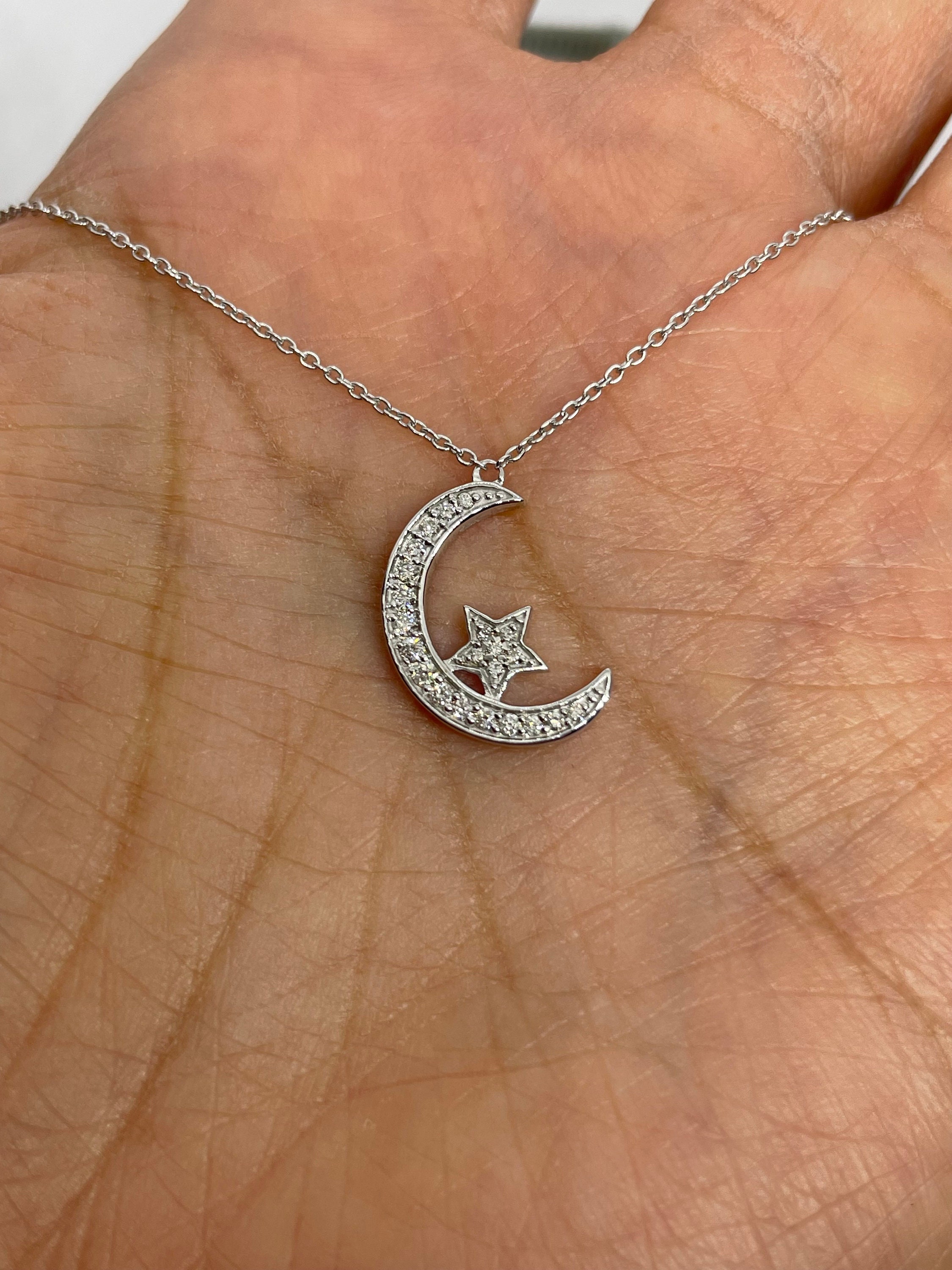 Moon Star Necklace, Diamond Moon and Star Necklace, 14K Moon Star Necklace, Diamond Moon and Star Necklace, 14K