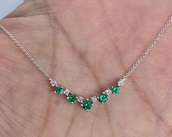 Dainty Emerald Necklace, Emerald and Diamond Bar Necklace, Emerald Pendant Necklace White Gold