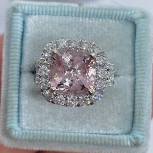 Morganite Diamond Halo Ring, Cushion Pink Morganite Engagement Ring, Wedding Ring Statement Ring, Right Hand Ring 18K White Gold
