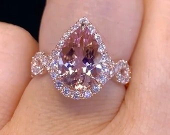 Pear Morganite Ring, 14K Rose Gold Pear Cut Morganite Engagement Ring, Pear Halo Diamond Ring Twist Band Art Deco Antique