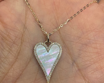 14K Yellow Gold Mother of Pearl Heart Necklace with Diamonds