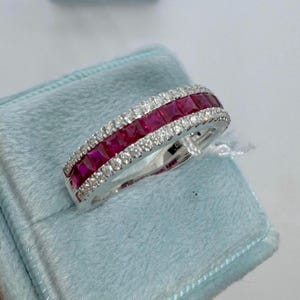 18K White Gold Ruby Diamond Ring Anniversary Band, Ruby Diamond Band, Ruby and Diamond Wedding Band
