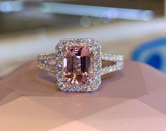 Pink Morganite Engagement Ring, Emerald Cut, Diamond Halo, 14K Gold
