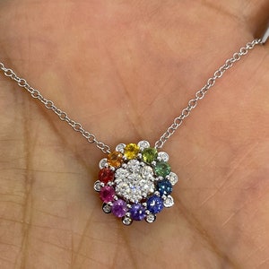 Rainbow Sapphire And Diamond Necklace, Genuine Multi Color Sapphire and Diamond Pendant, 18K White Gold Rainbow Pendant Necklace