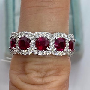Ruby Diamond Band, Ruby and Diamond Wedding Band, 18K White Gold Ruby Diamond Ring, Art Deco Antique Anniversary Band