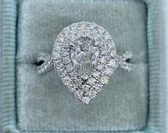 Pear Halo Lab Diamond Engagement Ring, 18K White Gold
