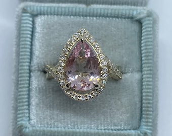 14K Yellow Gold Pear Shaped Morganite Ring, Pear Morganite and Diamond Ring, Pink Morganite Wedding Ring