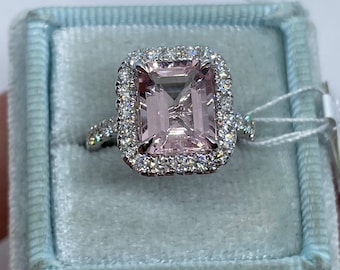 Emerald Cut Pink Morganite Ring, Diamond Halo, 18K White Gold Engagement Ring