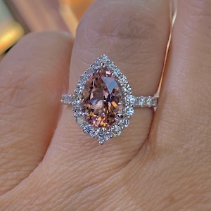 Beautiful Pear Morganite Ring, Morganite Diamond Engagement Ring, 14K White Gold Pear Shape Halo Morganite Wedding Ring