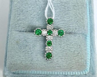 Emerald Cross Pendant, 18K White Gold Emerald Cross Necklace, Emerald and Diamond Cross