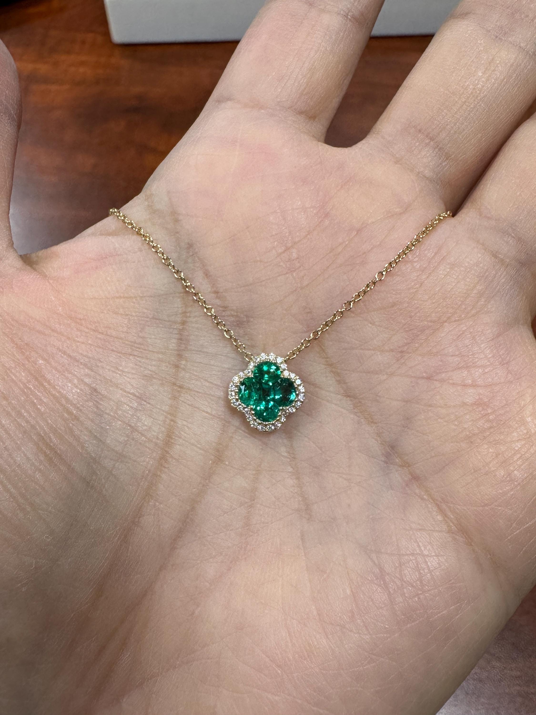 Emerald and Diamond Necklace, Natural Emerald Flower Necklace