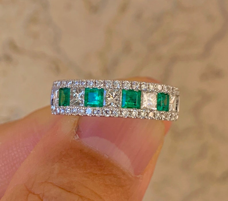 Emerald Diamond Band Genuine Emerald and Diamond Ring White - Etsy