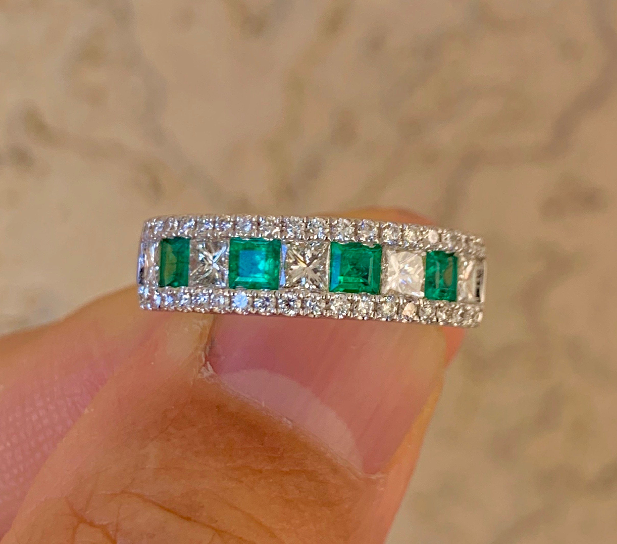 Emerald Diamond Band Genuine Emerald and Diamond Ring White | Etsy