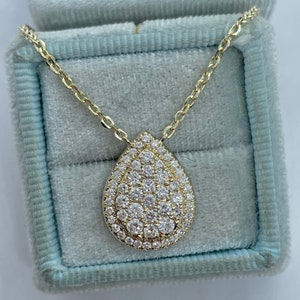 14K Yellow Gold Pear Diamond Pendant, Pear Shape Diamond Necklace, Pear Diamond Necklace 0.90 Carats