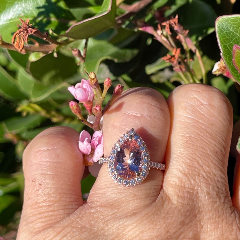 Pear Morganite Diamond Halo Ring, 14K Rose Gold Engagement Ring - Etsy