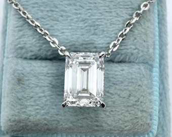 Emerald Cut Diamond Necklace, Lab Grown Diamond Pendant, Emerald Cut Diamond Pendant, 14K White Gold Emerald Cut Pendant VVS