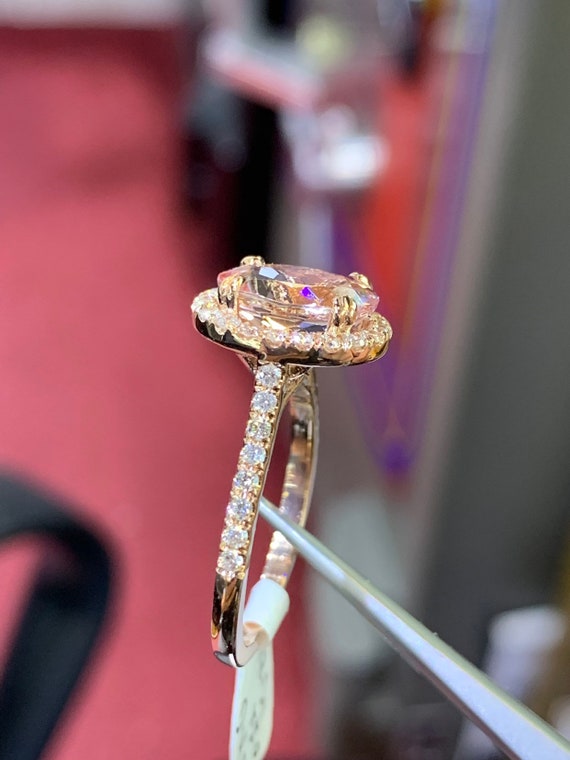 Oval Cut Morganite Ring/ 14K Rose Gold Oval 9x7 Morganite Halo Wedding Ring  Engagement Ring Art Deco Antique