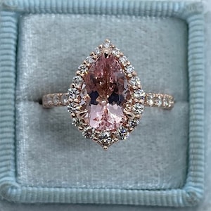 Morganite Wedding Ring, Pear Shape Morganite Engagement Ring, Stunning Pear Cut Morganite and Diamond Ring 14K