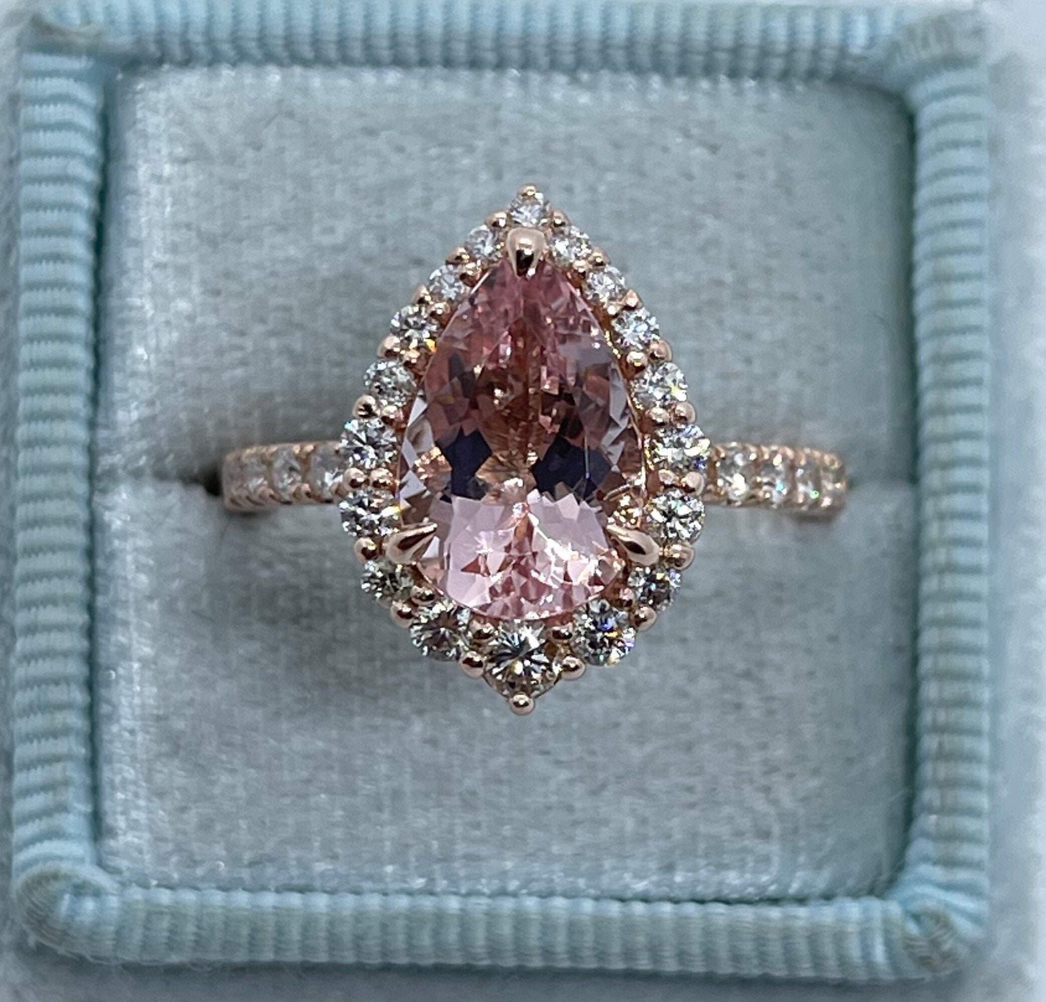 Pear Morganite Engagement Ring, 14K Rose Gold Diamond Halo - Etsy