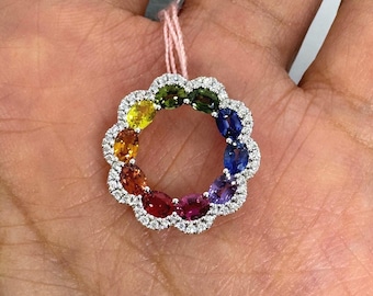 Rainbow circle necklace, Rainbow sapphire circle pendant, 18K white gold rainbow diamond necklace