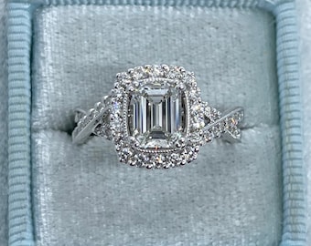 Emerald Cut Diamond Ring, 18K White Gold Halo Engagement Ring, Art Deco Antique