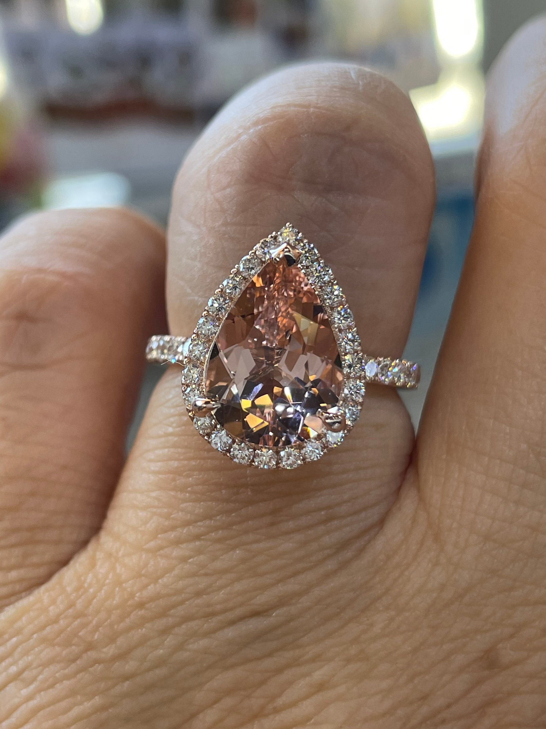 Pear Morganite Diamond Halo Engagement Ring, 14K Rose Gold Wedding Ring ...
