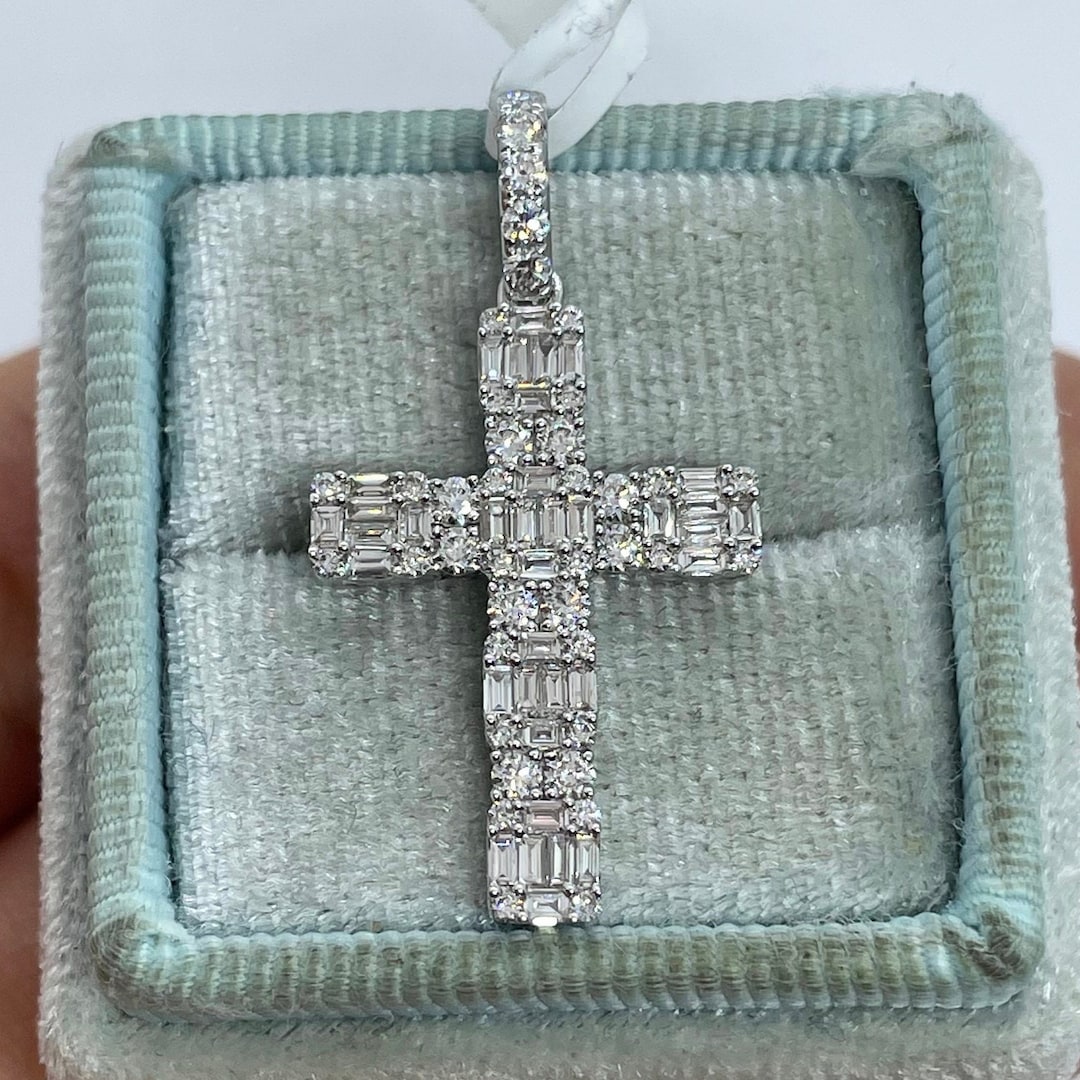 Diamond Cross Pendant, Baguette and Round Diamond Cross, Diamond